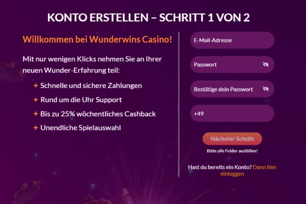 wunderwins signup page